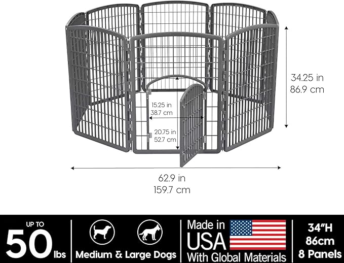 IRIS USA 34" 8-Panel Pet Dog Puppy Playpen with Door, Indoor/Outdoor Dog Pen, 63 x 63 x 34, Foldable, Customizable, Dark Gray