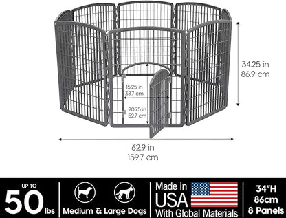 IRIS USA 34" 8-Panel Pet Dog Puppy Playpen with Door, Indoor/Outdoor Dog Pen, 63 x 63 x 34, Foldable, Customizable, Dark Gray