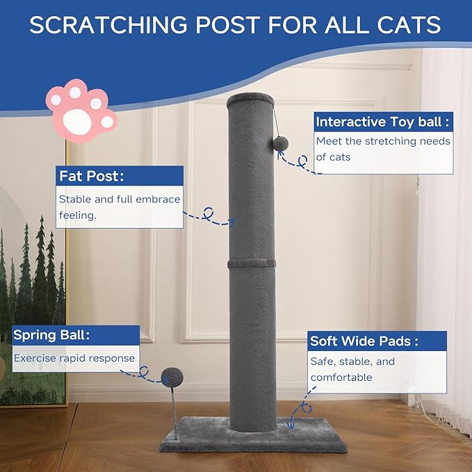 Cat Craft Cat Scratching Post Carpet Scratching Post 41" for Indoor Cats, Tall Cat Scratch Post, Carpet Cat Scratcher with Replaceable Toys, Sturdy Base, Large, Gray