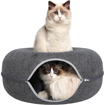 ZVGV 24inch-Tunnel Bed for Indoor,cattasaurus Peekaboo cat cave for Multiple,Detachable Felt Felt Washable Interior for Indoor Cats,Donut Tunnel (Dark Grey)