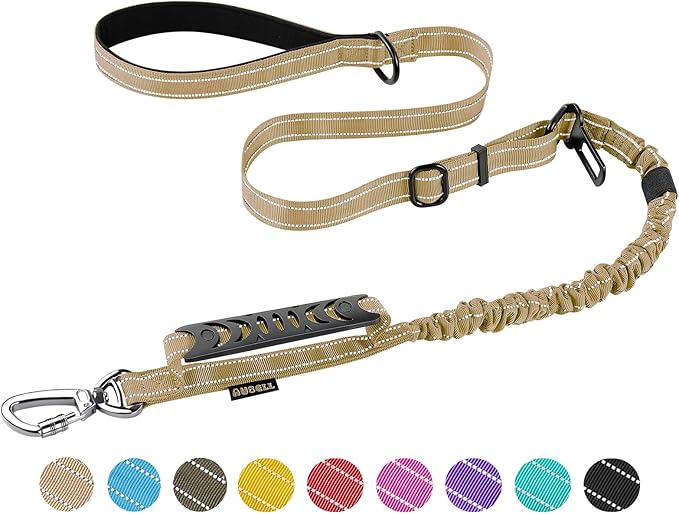 AUBELL Tactical Dog Leash Heavy Duty,4-6ft Reflective Strong No Pull Bungee Leash for Small Dogs with Comfortable Padded Double Handle,Car Seat Belt,360 Degree Rotating Carabiner,Brown