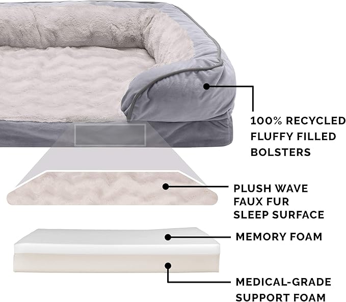 Furhaven Memory Foam Dog Bed for Medium/Small Dogs w/ Removable Bolsters & Washable Cover, For Dogs Up to 35 lbs - Plush & Velvet Waves Perfect Comfort Sofa - Granite Gray, Medium