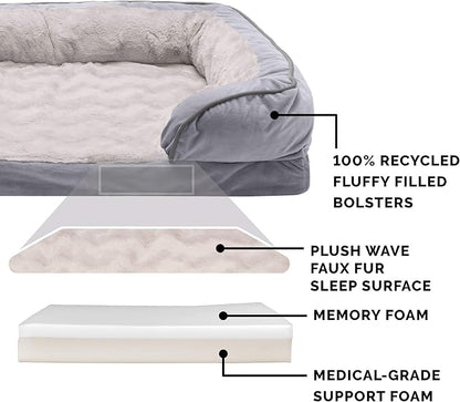 Furhaven Memory Foam Dog Bed for Medium/Small Dogs w/ Removable Bolsters & Washable Cover, For Dogs Up to 35 lbs - Plush & Velvet Waves Perfect Comfort Sofa - Granite Gray, Medium