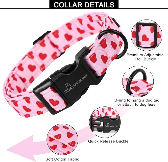 ARING PET Valentine's Day Dog Collar, Cute Pink Heart Pet Collars with Quick Release Buckle for Puppy Small Medium Large Boy Girl Dogs-XS