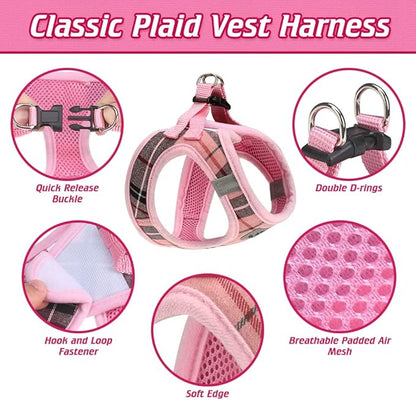EXPAWLORER Classic Plaid Puppy Harness - Small Dog Harness and Leash Set - Dog Collar and Leash Set with AirTag Holder, Soft Padded Step in Dog Vest Harness No Pull Reflective for Outdoor, Pink XS