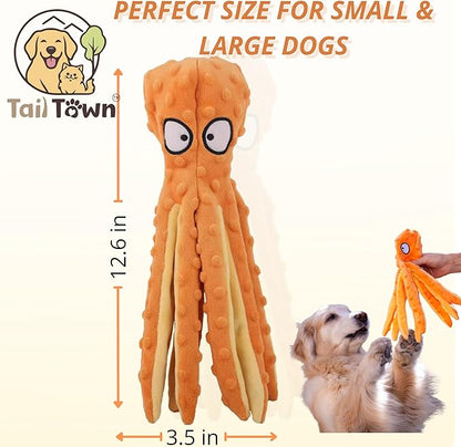Orange Octopus Dog Toy – Squeaky & Crinkle Plush – No Stuffing Toy for Small Medium Large Dogs Puppies & Seniors – Interactive Safe Soft Toy for Tug Fetch Play – Tail Town