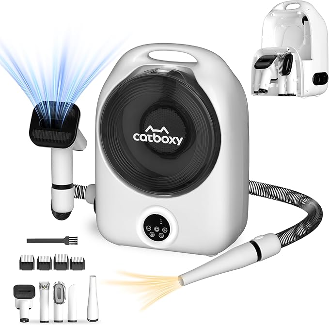 Catboxy Dog Grooming Vacuum Kit,Cat Dog Hair Dryer Groomer,Pro Pet Hair Remover with Brush,Detangle,Deshed,Clean,Dry Attachments,Negative Ion Constant Temperature Fast Drying,10000Pa Pet Vacuum-White