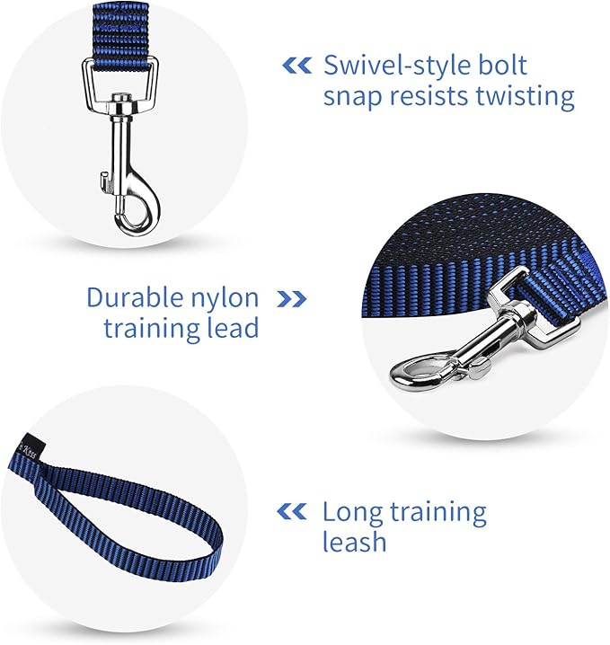 Hi Kiss Dog/Puppy Obedience Recall Training Agility Lead - 15ft 20ft 30ft 50ft 100ft Training Leash - Great for Training, Play, Camping, or Backyard(15ft,Black_Blue)
