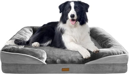 Spotted Play Orthopedic Dog Bed with Sides - Dog Sofa Beds for Large Dogs, Supportive Foam Pet Couch Bed with Washable Removable Cover, Waterproof Lining and Non-Slip Bottom, Grey - L-Plus