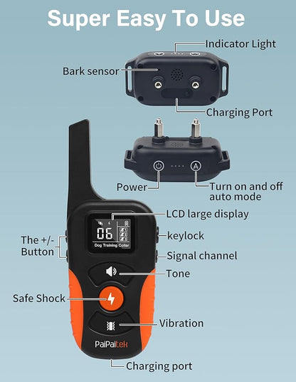 PaiPaitek Bark Activated Shock Collar with Remote - Automatic Bark and Training Collar Combo 3300ft Range, Bark Shock Collar for 40-150lbs Medium Large Dogs - IPX7 Waterproof