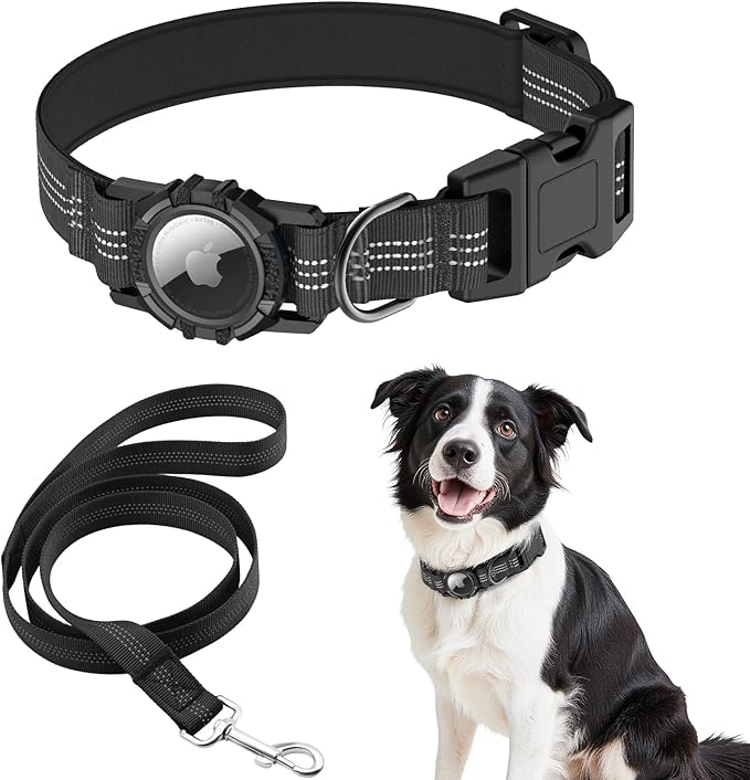 HDDTTZ AirTag Dog Collar and Leash, IP68 Waterproof Integrated with Reflective, Ultra-Durable, Comfortable Padded, Heavy Duty Dog Collars for Small Medium Large Dogs, M (12.6"-17.1"), Black