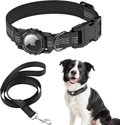 HDDTTZ AirTag Dog Collar and Leash, IP68 Waterproof Integrated with Reflective, Ultra-Durable, Comfortable Padded, Heavy Duty Dog Collars for Small Medium Large Dogs, M (12.6"-17.1"), Black
