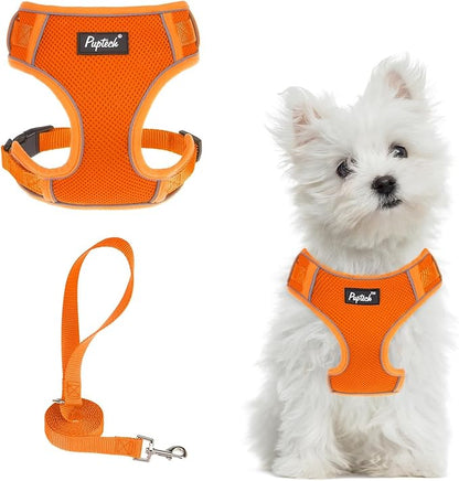 PUPTECK Small Dog Harness and Leash Set, No Pull Adjustable Puppy Cat Harness, Reflective Soft Mesh Pet Vest Small Sized, Orange, S