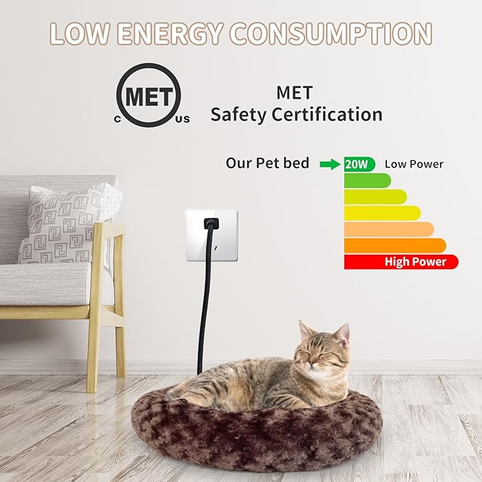 AUPETEK Heated Cat Beds for Indoor Cats Warming Cat Beds Super Soft Machine Washable Thermo Kitty Electric Heating Bed 19 Inches Round