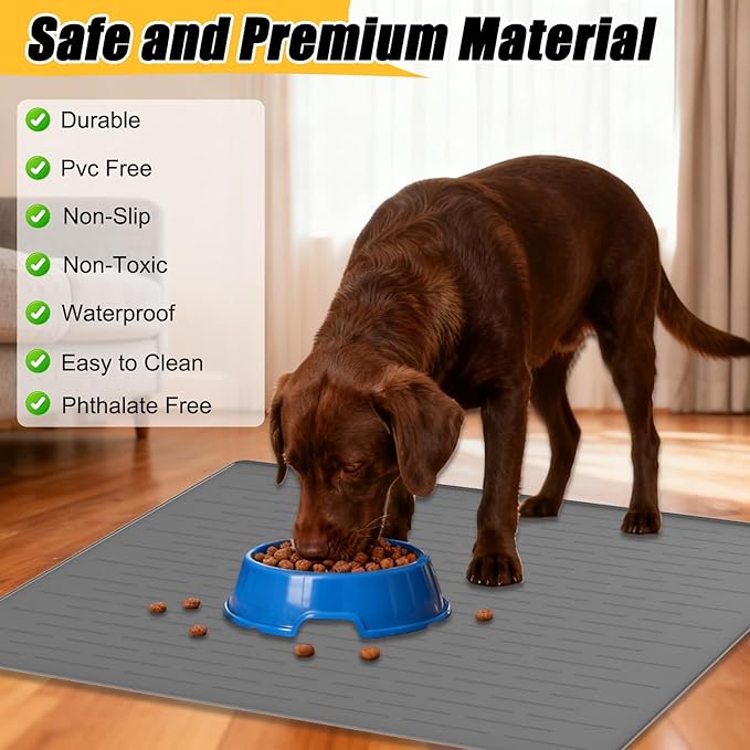 Large Dog Mat for Food and Water, 31.8"x23.8" Silicone Pet Feeding Mats, Waterproof Dog Bowl Mat with High Edges to Prevent Water and Food Spills, Black