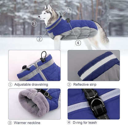 Lelepet Dog Coat Warm Dog Winter Coat Waterproof Dogs Jacket with Harness Built in Reflective Pet Fleece Vest Zip-Up Cold Weather Coats for Large Dogs Turtleneck & Windproof Coats Boston Terrier Blue