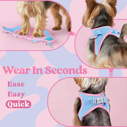 rabbitgoo Small Dog Harness, Step-in Soft Mesh Puppy Vest with Safety Buckle, Breathable Reflective Pet Harness for Extra Small Dogs, Blue & Light Pink XXXS