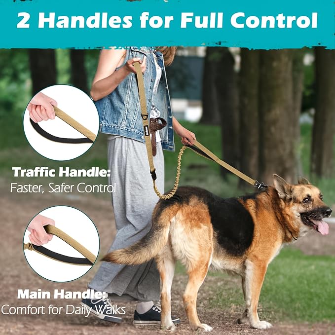 PetBonus Heavy Duty Tactical Dog Leash, 5 FT Bungee Shock Absorption Leash with 2 Padded Handles, Quick Release Metal Clip, Car Seatbelt, No Pull Training Lead for Large Medium Dogs（Khaki）