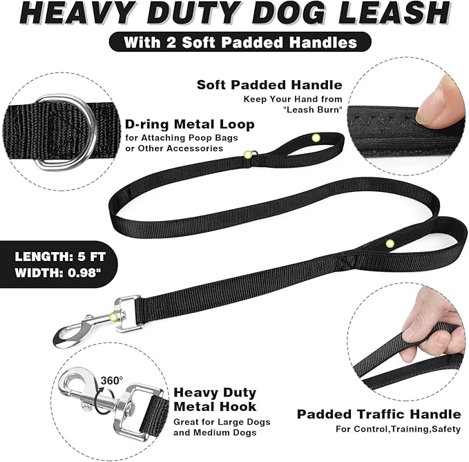 Tactical Service Dog Vest and Leash Set,Heavy Duty Harness with Metal Buckles for Large Dogs,Adjustable No Pull Pet Vest with 10 Patches,for Training Working Hiking,Black L
