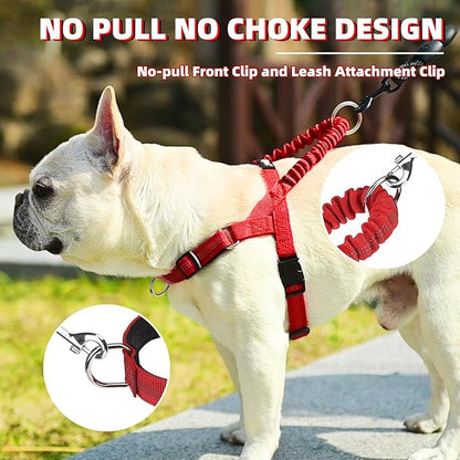 PUPTECK No Pull Dog Harness for Large Dogs, Adjustable Reflective Pet Vest Harness with Bungee Handle, Escape Proof No Choke Harness for Large Dogs Walking Training, Red L