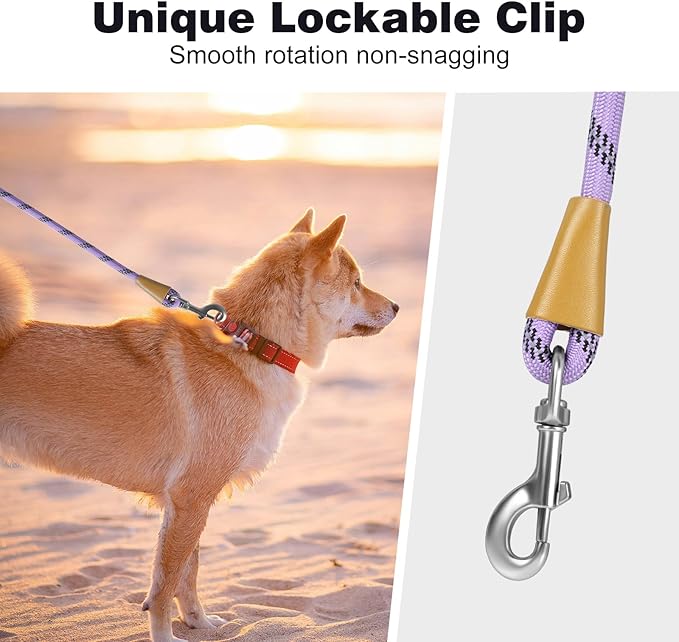lynxking Rope Dog Leash 6 FT with Comfortable Padded Handle, Highly Reflective Threads Leash for Small Medium Large Dogs (Light Purple, Large 1/2in x 6ft-Rope Clasp)