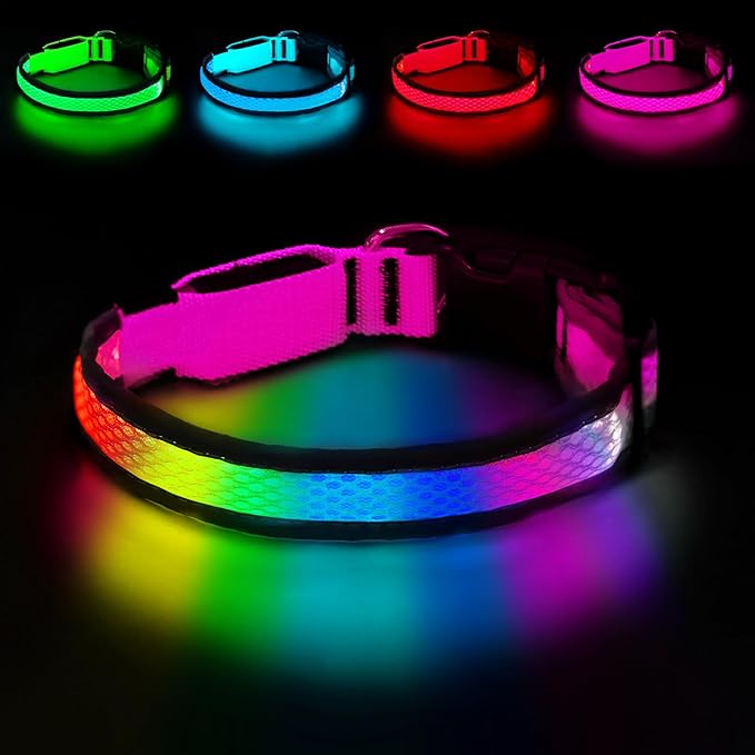 LED Dog Collar, Light Up Dog Collar USB Rechargeable, Nylon Adjustable Comfortable Soft Bright RGB 7 Colors Changeing Safety Light Glowing Collar for Medium and Large Dogs(Large,Pink)