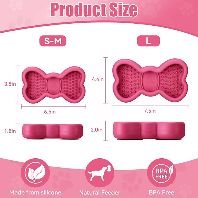 Lick Mat for Dogs, Animire Anti-Spilled Bow Tie Lick Bowls for Anxiety Relief, Silicone Slow Feeder Licking Pad with Suction Cups, Freezeable Dog Enrichment Toy for Boredom and Distraction(Rose,L)