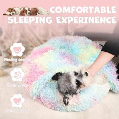 Himax Medium Dog Bed Washable, Round Dogs Beds with Blanket Attached, Calming Dog Bed, Multi-Colored (20"/26"/35")…