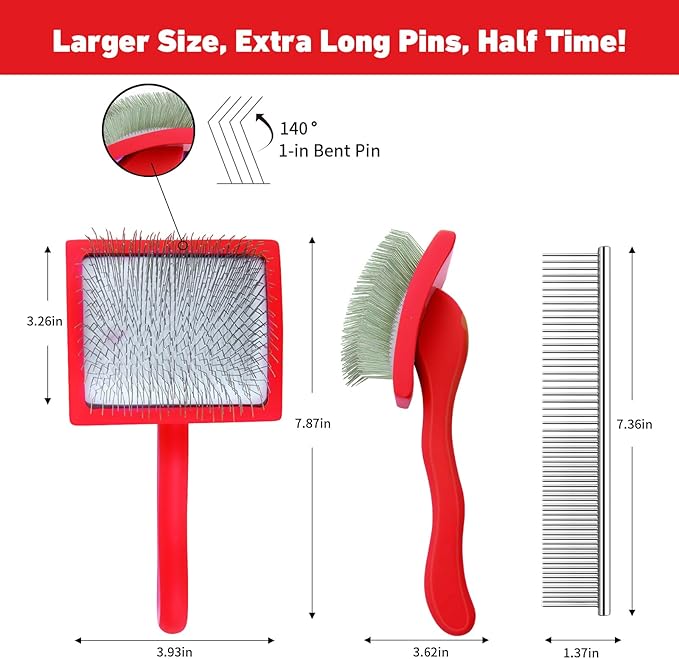 Dog Slicker Brush & Stainless Steel Comb Set for Shedding & Grooming Medium & Large Long or Thick Coated Dogs, Doodles & Cats, 1 Inch Pin Slicker Brush with Ergonomic Wooden Handle, Red