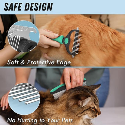 Docrok Pet Grooming Brush and Metal Comb Combo, Cat Brush Dog Brush for Shedding, Undercoat Rake for Dogs Grooming, Dematting Deshedding Brush Dogs Shedding Tool for Long matted Haired Pets, Green