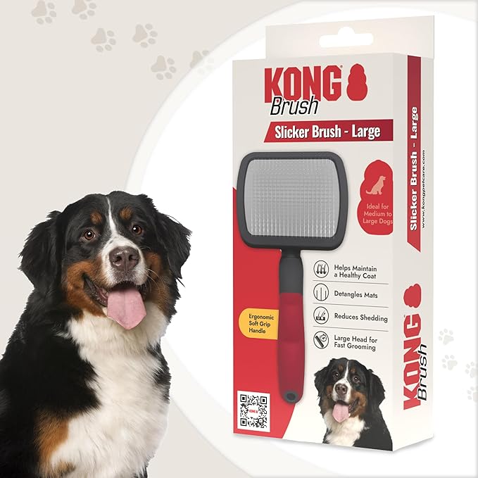 KONG Large Slicker Brush – Removes Loose Hair, Reduces Shedding, Comfortable Non-Slip Grip, Long Metal Pins, for Medium to Large Dogs with Medium to Long Coats, Red/Gray