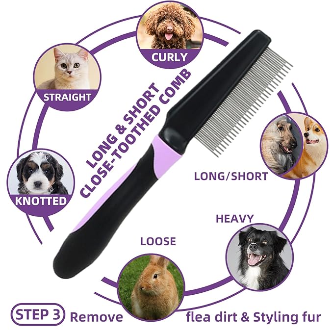 KUEIOX Dog Brush for Shedding, 7 PCS Dog Grooming Brush Kit Including Undercoat Rake, Slicker Brush, Dematting Comb, Nail Clipper, Bath Brush for Long & Short Haired Dogs, Cats - Purple
