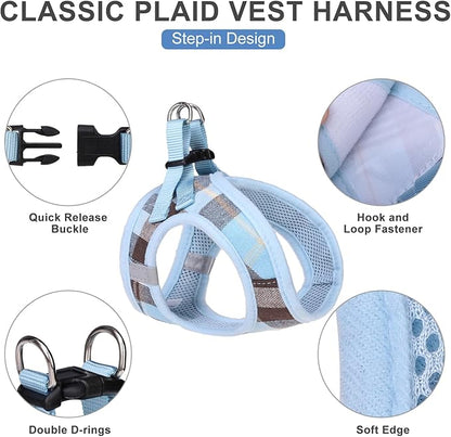 EXPAWLORER Classic Plaid Puppy Harness - Small Dog Collar and Leash with AirTag Holder Case - Soft Mesh Padded Adjustable Dog Vest Harness No Pull, Reflective Escape Proof for Outdoor, Blue XS