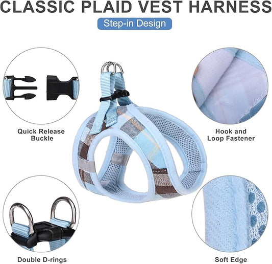 EXPAWLORER Classic Plaid Puppy Harness - Small Dog Collar and Leash with AirTag Holder Case - Soft Mesh Padded Adjustable Dog Vest Harness No Pull, Reflective Escape Proof for Outdoor, Blue XS
