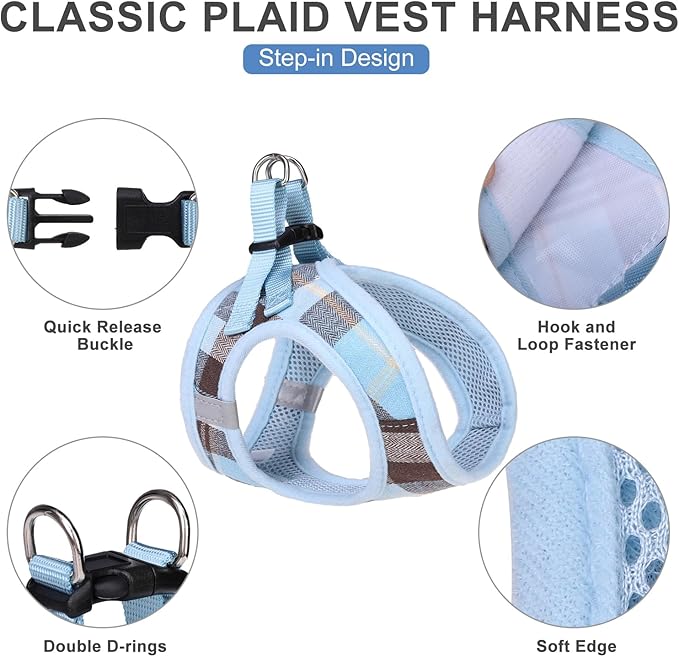 EXPAWLORER Classic Plaid Puppy Harness - Small Dog Collar and Leash with AirTag Holder Case - Soft Mesh Padded Adjustable Dog Vest Harness No Pull, Reflective Escape Proof for Outdoor, Blue S