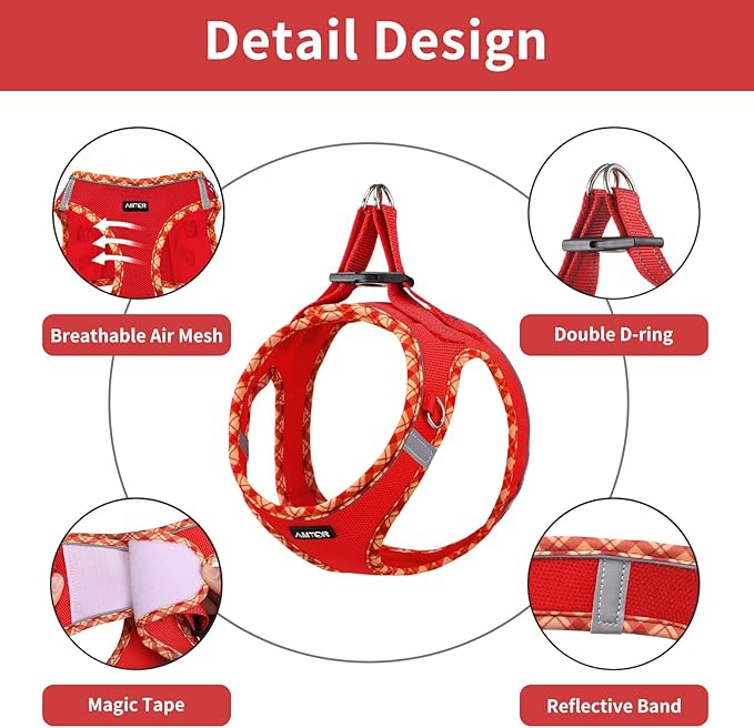 AMTOR Small Dog Harness with Leash Set, No Escape Easy Walk Puppy Harnesses for Training Walking, Step-in Reflective Soft Dogs Vest for XS S Medium Extra-Small Large Sized Dog(Red,XXS)