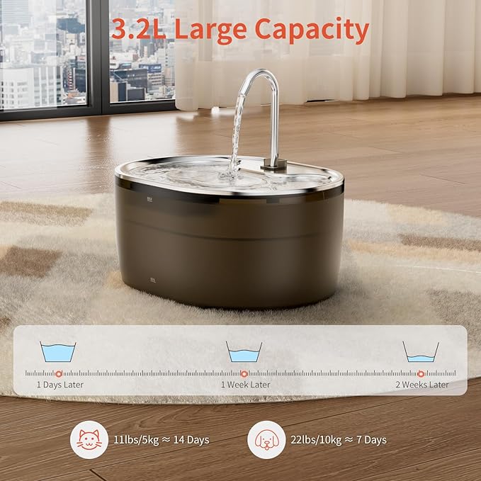 Cat Water Fountain, 3.2L Automatic Cat Fountains for Drinking with Faucet Design, Super Silent Pet Drinking Dispenser with Water Level for Cats, Dogs, Multiple Pets (Black, 3.2L)