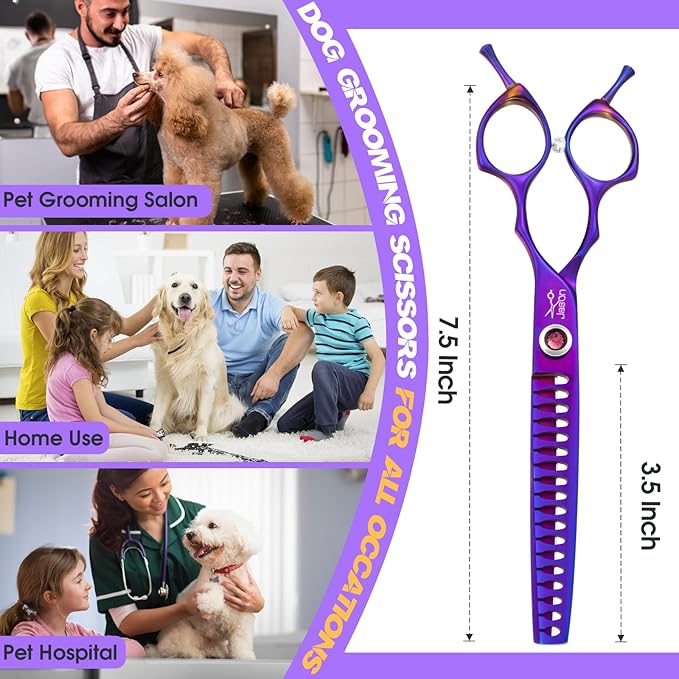JASON Dog Scissors for Grooming - 7.5" Chunker Scissors for Dog Grooming, Japanese 440C Stainless Steel Chunking Shears with Diamond Adjustable Screw (18 Teeth, Purple) Christmas Gift