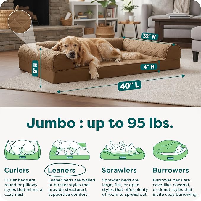 Furhaven Orthopedic Dog Bed for Large Dogs w/ Removable Bolsters & Washable Cover, For Dogs Up to 95 lbs - Quilted Sofa - Toasted Brown, Jumbo/XL