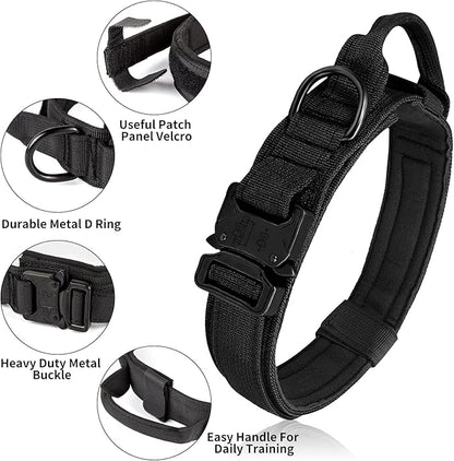 Tactical Dog Collar - Military Dog Collar, Adjustable Heavy Duty Metal Buckle Nylon Collar with Control Handle for Small Medium Large Dogs (Black, M)