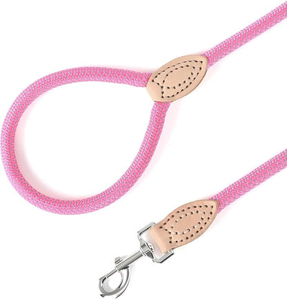 Mile High Life Rope Leash with Genuine Leather Connection, 6 FT/5 FT/4 FT, Heavy Duty Leash for Small Medium & Large Dogs (Hot Pink,48 Inch)