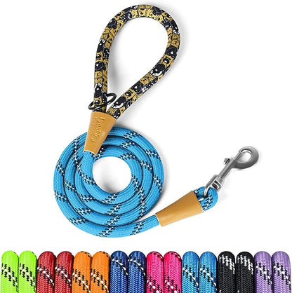 lynxking Rope Dog Leash 6 FT with Comfortable Padded Handle, Highly Reflective Threads Leash for Small Medium Large Dogs (Light Blue, Small 3/8in x 6ft-Rope Clasp)