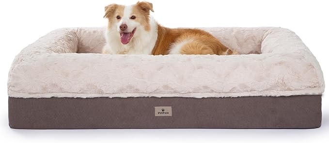 PetFun Memory Foam XL Dog Bed for XLarge Sized, Extra Large Orthopedic Dog Sofa with Sides and Waterproof Liner, Washable Bolster Pet Bed Couch with Removable Cover, 50x38x13 Inch, Khaki