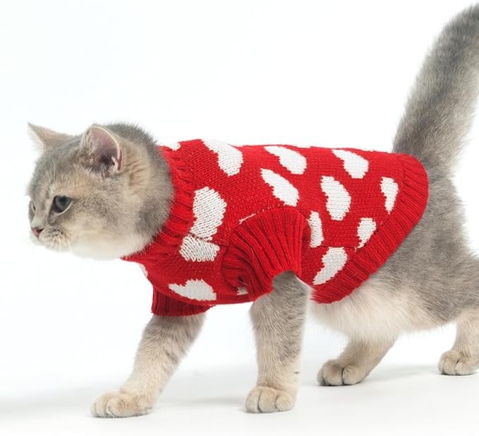 KOOLTAIL Cat Turtleneck Sweater - Soft Knit Cat Christmas Sweater, Heart Love Pattern, Thick Warm Cold Weather Clothes for Small to Large Kittens & Puppies, Red