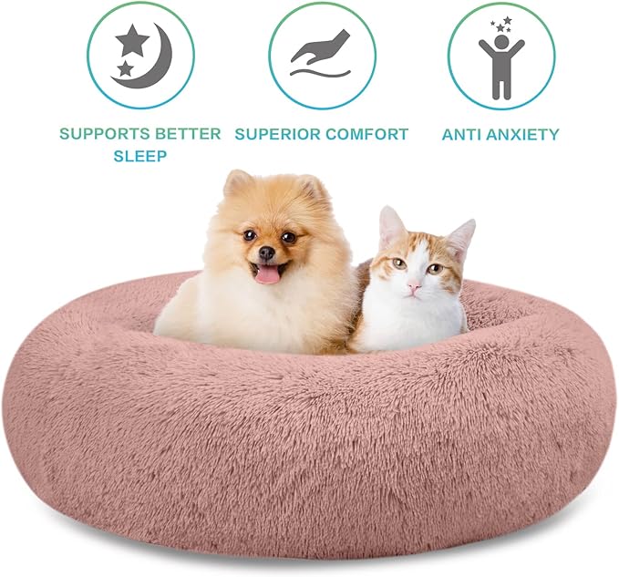SAVFOX Plush Calming Donut Dog Beds for Small Dogs, Medium, Large & X-Large Breeds, Comfy Cuddler Dog Bed and Cat Bed in Faux Fur, Washable, Multiple Sizes S-XXL