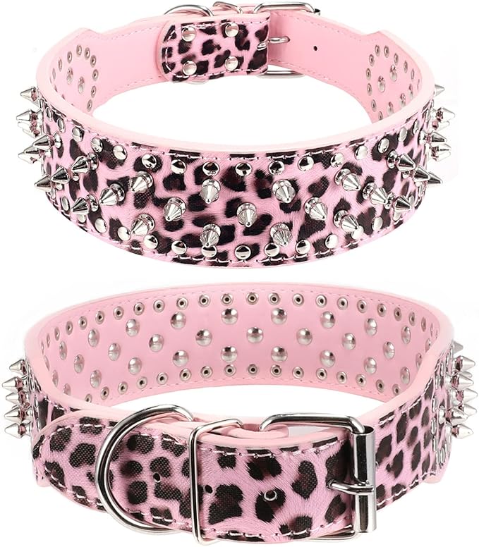 Hoot PU Leather Adjustable Spiked Studded Dog Collar 2" Wide 31 Spikes (S(Neck 17"-20"), Pink Leopard)
