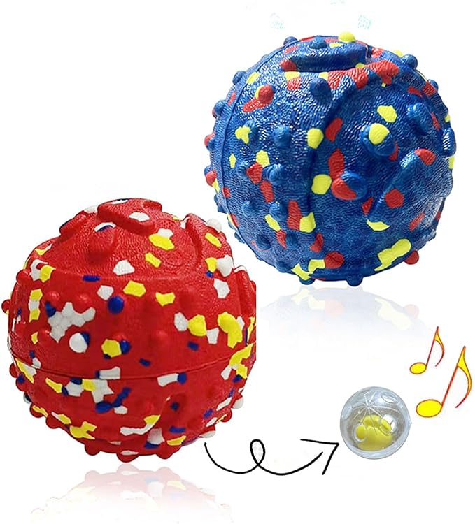 CAISHOW Dog Ball Squeak Toys (Bell Ball Blue and Red)