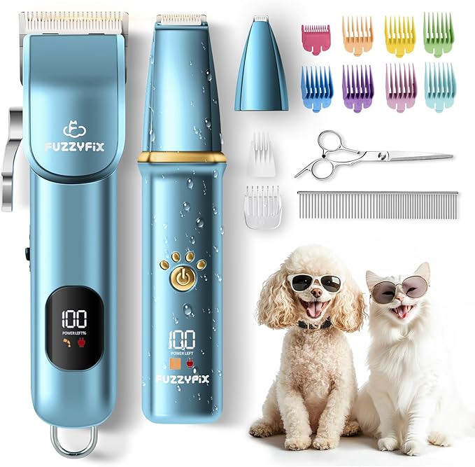 FuzzyFix Dog Grooming Kit, Dog Clippers for Grooming for Thick Curly Coats, Professional Pet Hair Shaver Paw Trimmer Cordless Rechargeable Low Noise for Dogs Cats Animals Face Ear