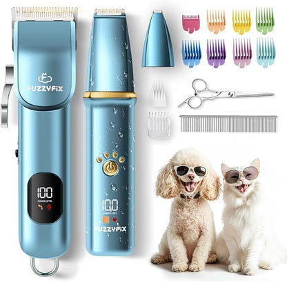 FuzzyFix Dog Grooming Kit, Dog Clippers for Grooming for Thick Curly Coats, Professional Pet Hair Shaver Paw Trimmer Cordless Rechargeable Low Noise for Dogs Cats Animals Face Ear