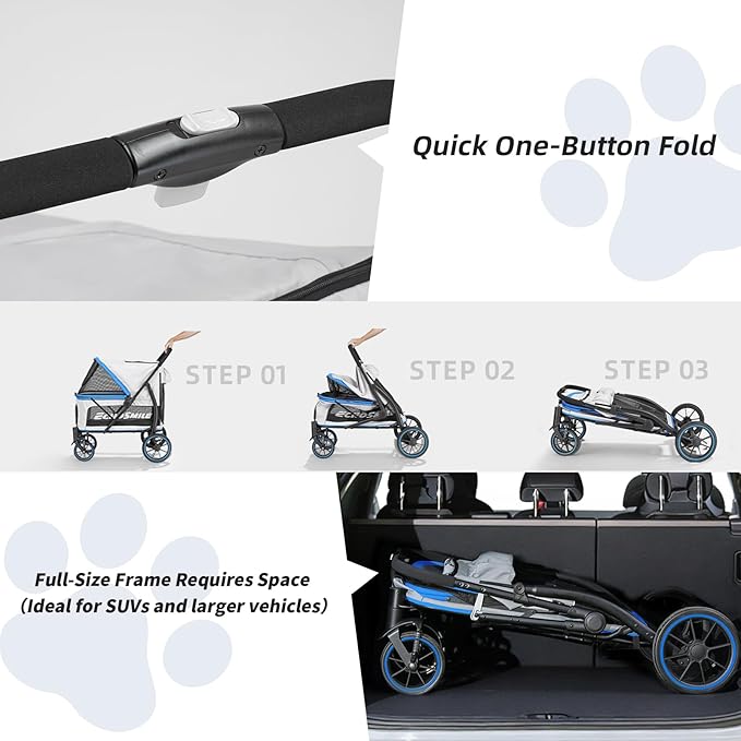 EchoSmile Dog Stroller for Large Dogs, 135lbs Weight Extra Large Pet Stroller, 4 Wheels Cats & Dogs Carrier with Brakes, Breathable Mesh Windows & Pocket, Blue